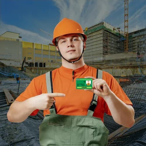 Professional construction worker with CSCS certification and safety equipment